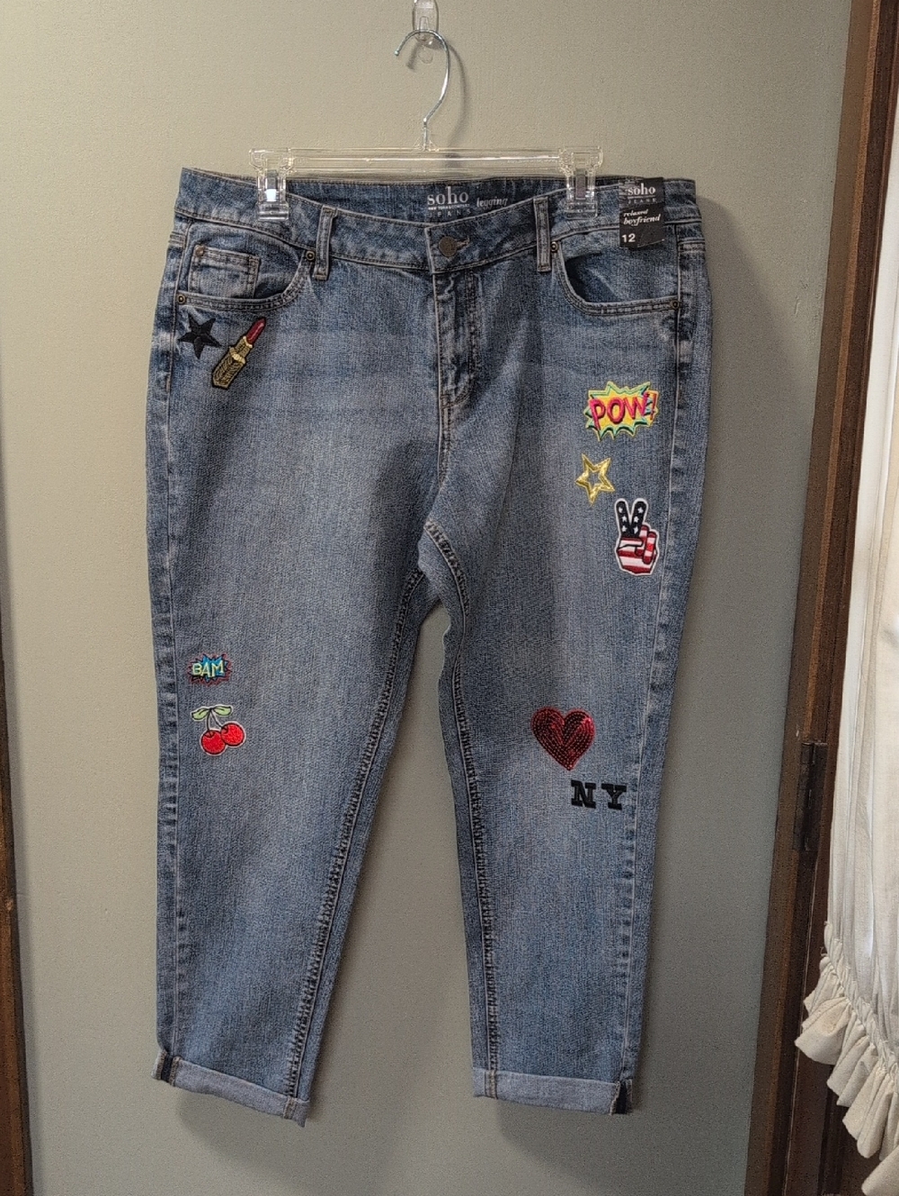 New York & Company Light Blue Patchwork Boyfriend Jeans with Embroidered Patches